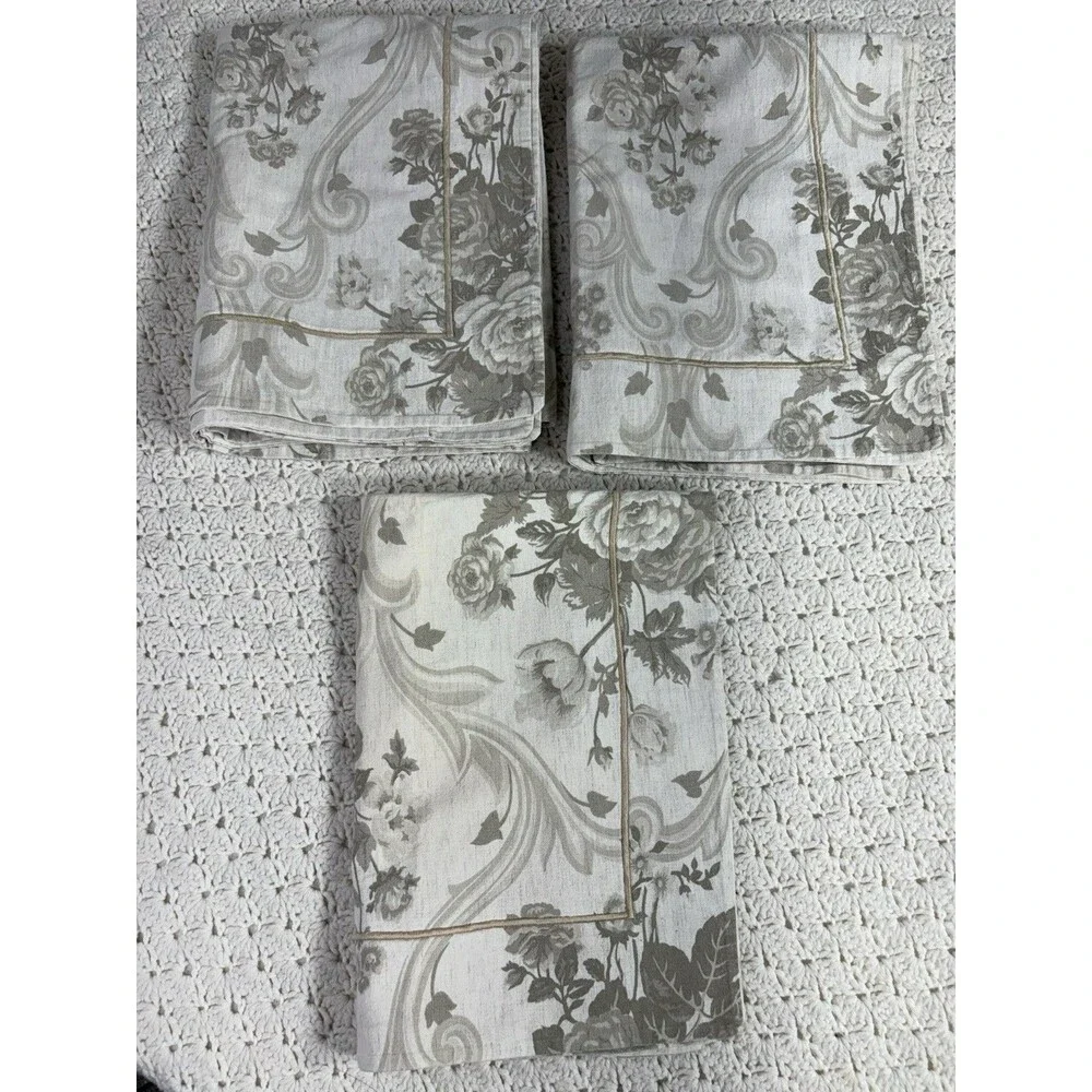 3 Chambers Williams Sonoma Pillow Shams Square Cotton Linen Tan Gray Floral